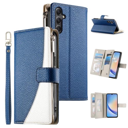 Funda de cuero con cremallera para Samsung Galaxy A34 5G, con costuras, para múltiples tarjetas y correa corta (azul oscuro)