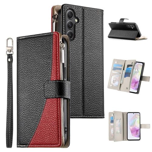 Funda de cuero tipo billetera con cremallera y múltiples tarjetas para Samsung Galaxy A35 5G, con costuras y correa corta (negra)
