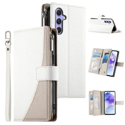 Funda de cuero tipo billetera con cremallera y múltiples tarjetas para Samsung Galaxy A55 5G, con costuras y correa corta (blanca)