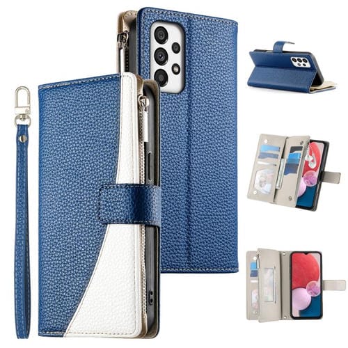 Funda de cuero con cremallera para Samsung Galaxy A73 5G, con costuras, para mĂșltiples tarjetas y correa corta (azul oscuro)