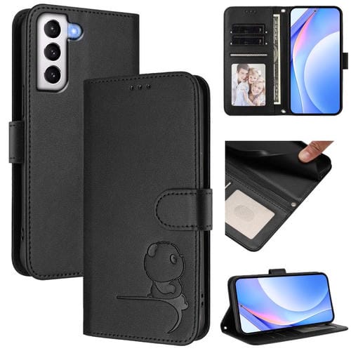 Funda de cuero con estampado de panda y RFID para Samsung Galaxy S21+ 5G con cordón (negra)