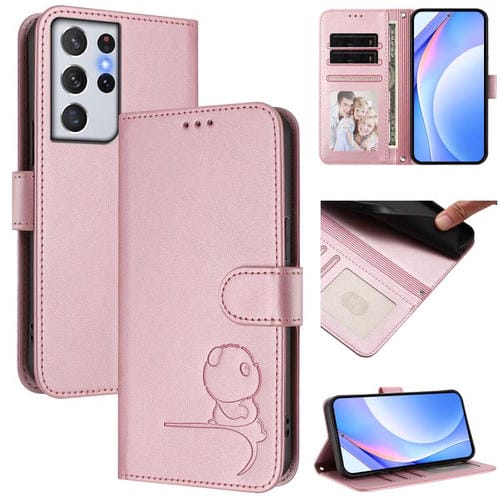 Funda de piel con estampado de panda y RFID para Samsung Galaxy S21 Ultra 5G con cordón (rosa)