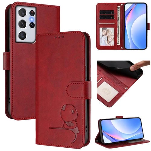Funda de piel con estampado RFID y cordón para Samsung Galaxy S21 Ultra 5G (rojo vino)