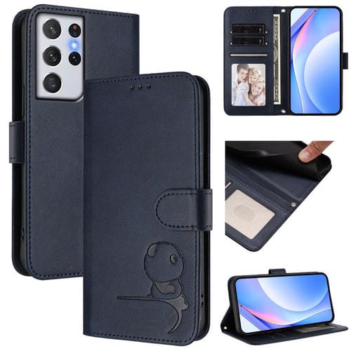Funda de cuero RFID con estampado de panda y cordón para Samsung Galaxy S21 Ultra 5G (azul)