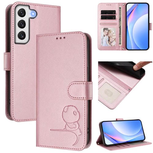 Funda de cuero RFID con estampado de panda y cordón para Samsung Galaxy S22 5G (rosa)