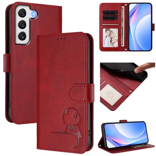 Funda de cuero RFID con estampado de panda y cordón para Samsung Galaxy S22 5G (rojo vino)