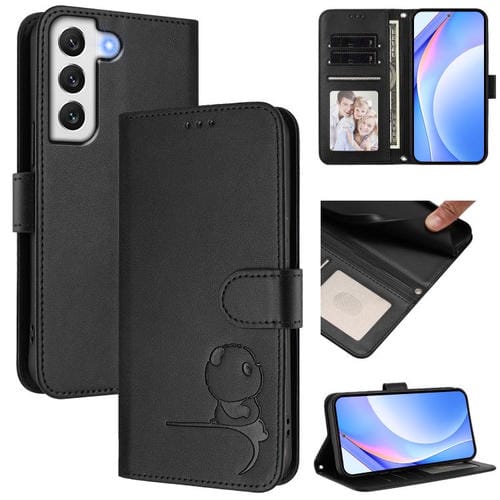 Funda de cuero RFID con estampado de panda y cordón para Samsung Galaxy S22+ 5G (negro)