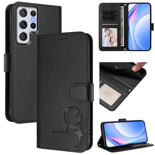 Funda de cuero RFID con estampado de panda y cordón para Samsung Galaxy S22 Ultra 5G (negro)