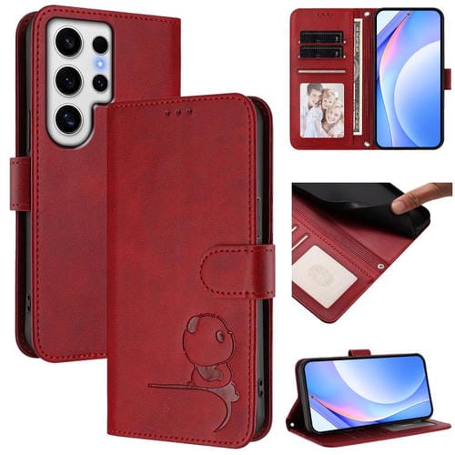 Funda de cuero RFID con estampado de panda y cordón para Samsung Galaxy S24 Ultra 5G (rojo vino)