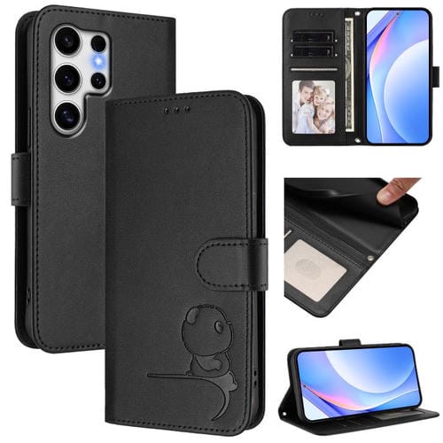 Funda de cuero RFID con estampado de panda y cordón para Samsung Galaxy S25 Ultra 5G (negro)