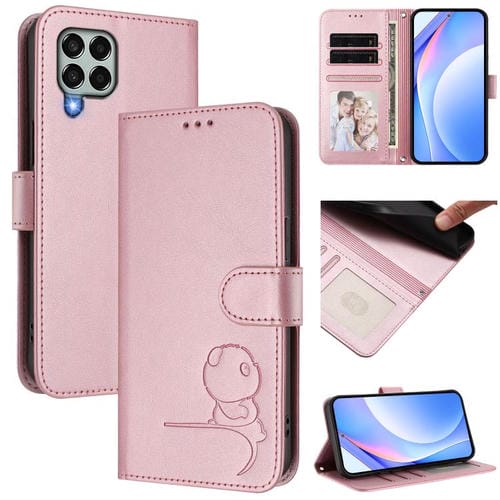 Funda de cuero con relieve RFID y cordón para Samsung Galaxy M33 5G (rosa)