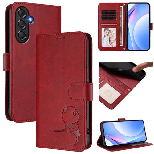 Funda de cuero RFID con estampado de panda y cordón para Samsung Galaxy M55/C55 5G (rojo vino)