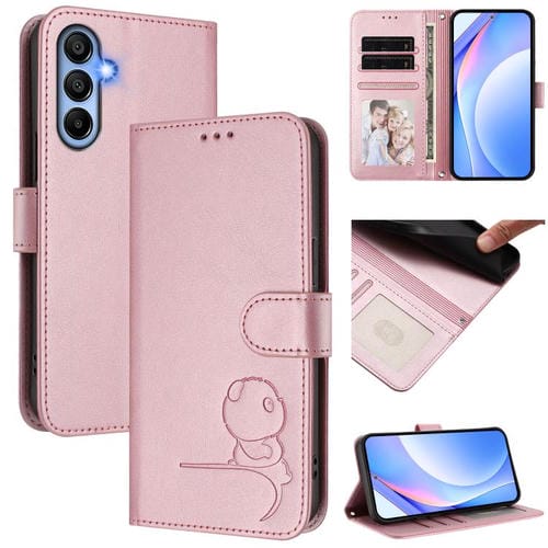 Funda de piel con estampado de panda y RFID para Samsung Galaxy A15 5G/4G con cordón (rosa)