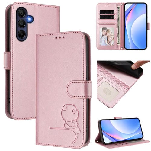 Funda de piel con estampado de panda y RFID para Samsung Galaxy A17 5G / A26 5G con cordón (rosa)