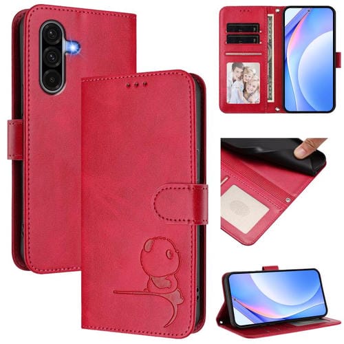 Funda de cuero RFID con estampado de panda para Samsung Galaxy A36 5G con cordón (rosa)