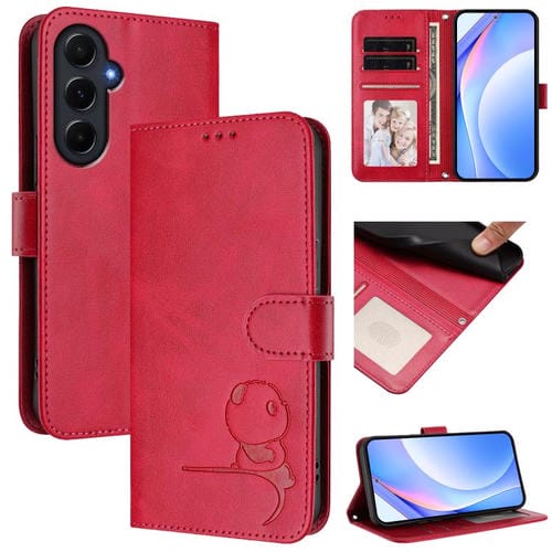 Funda de cuero RFID con estampado de panda y cordón para Samsung Galaxy A55 5G (rosa)