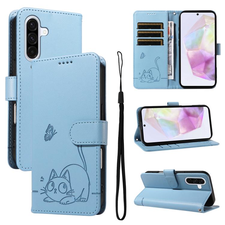 Funda de cuero con tapa y estampado de gato adorable para Samsung Galaxy A56 5G (azul cielo)