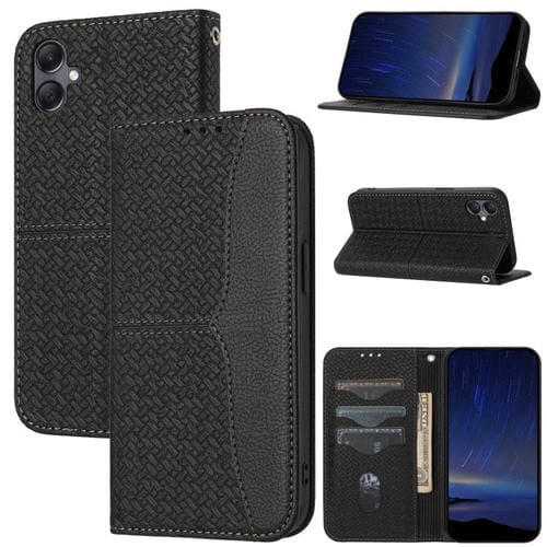 Funda de cuero magnético con textura tejida y costuras para Samsung Galaxy A07 4G/A06 4G (negra)