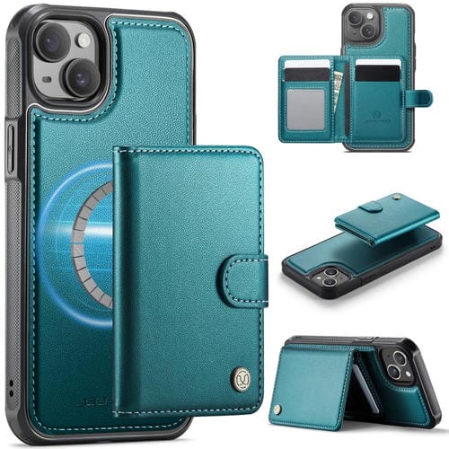 Funda de cuero con hebilla magnética para iPhone 13 JEEHOOD J09, estilo RFID, MagSafe (verde)