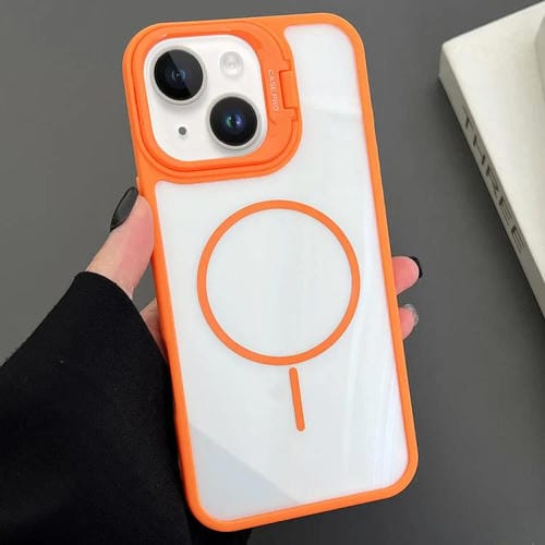 Funda magnética MagSafe para iPhone 15 con soporte para lente de PC (naranja)