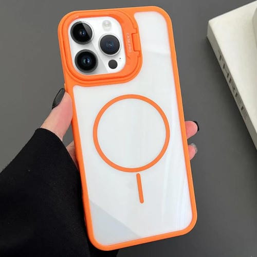 Funda magnética MagSafe para iPhone 13 Pro Max con soporte para lente de PC (naranja)