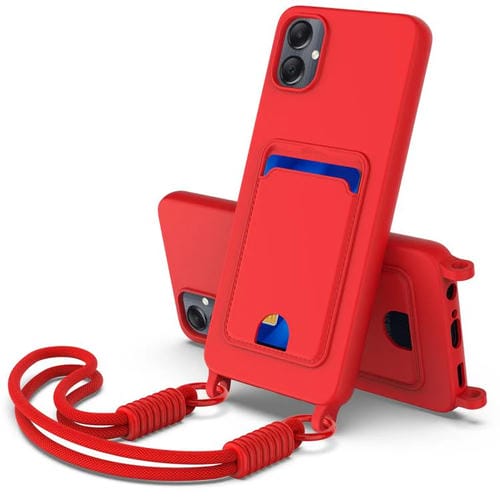 Funda de silicona líquida de color sólido para Samsung Galaxy A05/M05/F05 4G con tarjetero integrado y cordón corto (rojo)