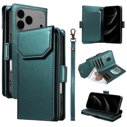 Funda de cuero con tarjetero para iPhone 17 Pro Max con correa (verde)