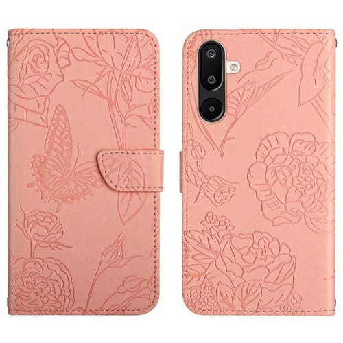 Funda de piel con tapa y diseño de mariposas en relieve para Samsung Galaxy M36 5G (rosa)
