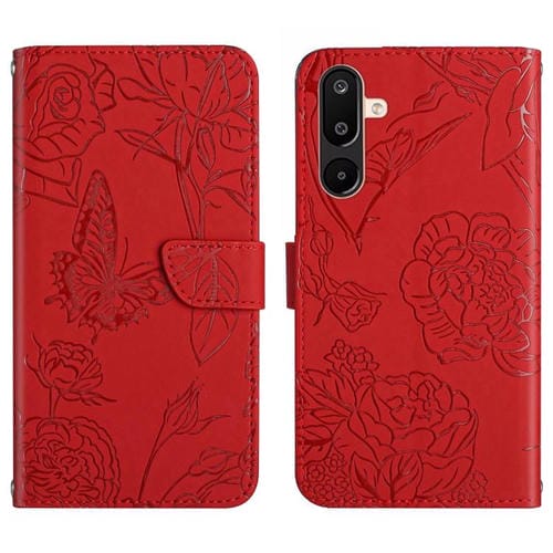 Funda de cuero con tapa y diseño de mariposas en relieve para Samsung Galaxy M36 5G (roja)