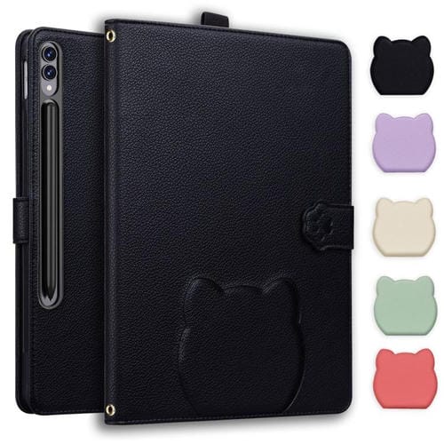 Funda inteligente de piel de lichi con tacto de gato para Samsung Galaxy Tab S10+ / S9+ (negra)