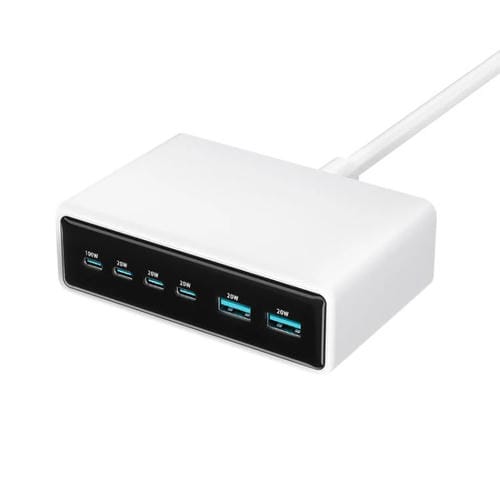 Cargador rápido de escritorio multifunción GaN de 200 W, 4 puertos USB-C/Tipo-C y 2 puertos USB-A, enchufe UE (blanco)