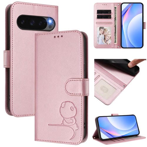Funda de cuero con estampado RFID y cordón para Google Pixel 9/9 Pro (rosa)