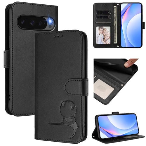 Funda de cuero con estampado RFID y cordón para Google Pixel 10 Pro XL / 9 Pro XL (negro)