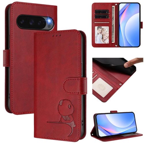 Funda de cuero RFID con estampado de panda y cordón para Google Pixel 10 Pro XL / 9 Pro XL (rojo vino)