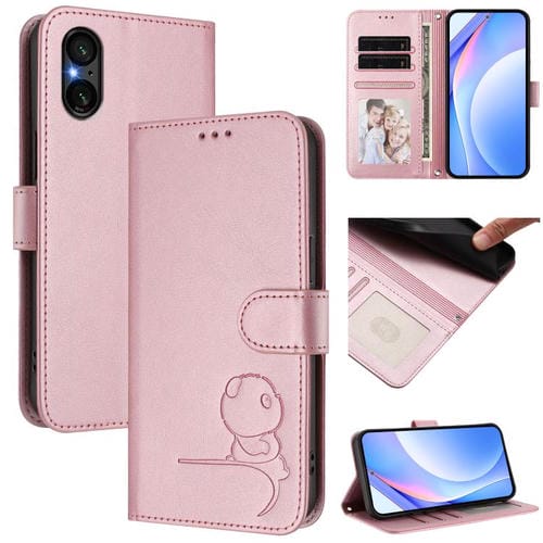 Funda de cuero con relieve RFID y cordón para Sony Xperia 5 V (rosa)