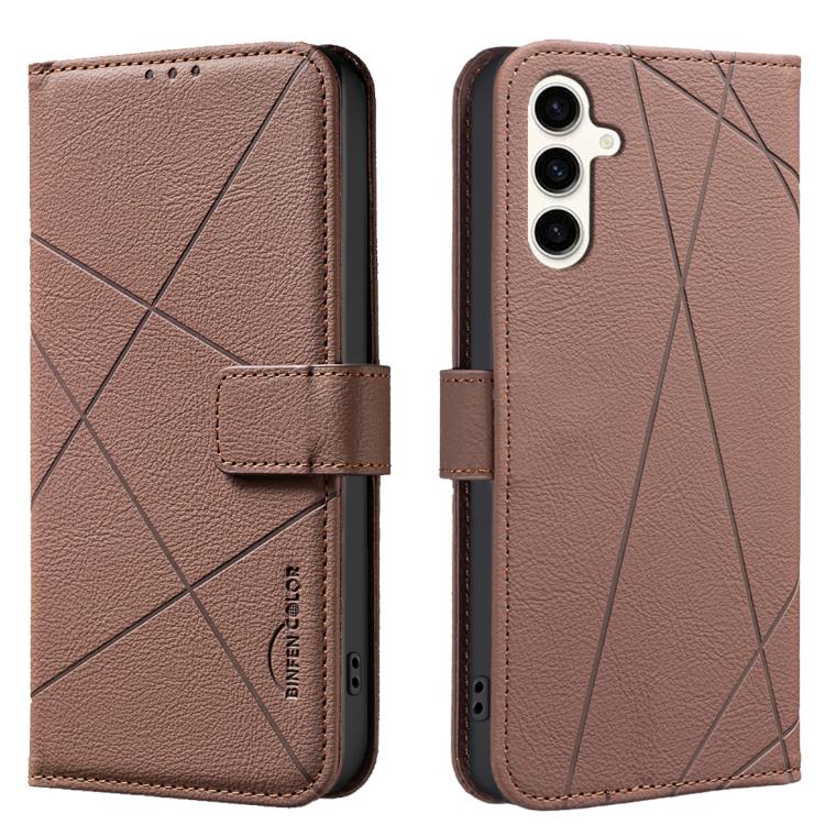 Funda de cuero RFID con patrón geométrico para Samsung Galaxy M36 5G (marrón)