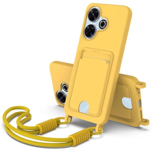 Funda de silicona líquida de color sólido para Redmi 13 4G / 13 5G / Note 13R 5G con tarjetero integrado, Gen2, con cordón corto (amarilla)