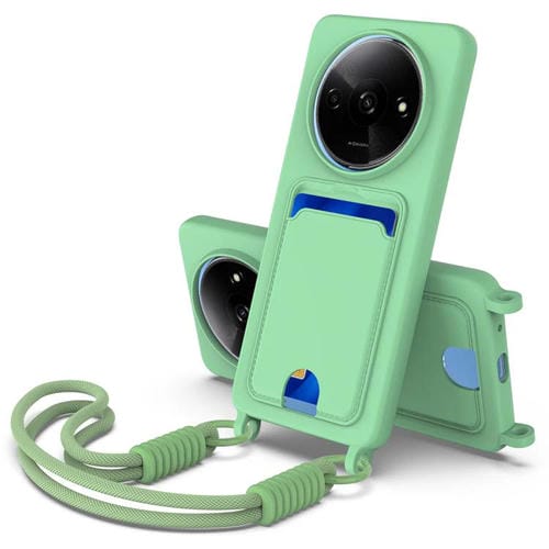 Funda de silicona líquida de color sólido para Redmi A3 4G / A3x 4G / Poco C61 (Gen2) con tarjetero integrado y cordón corto (verde)