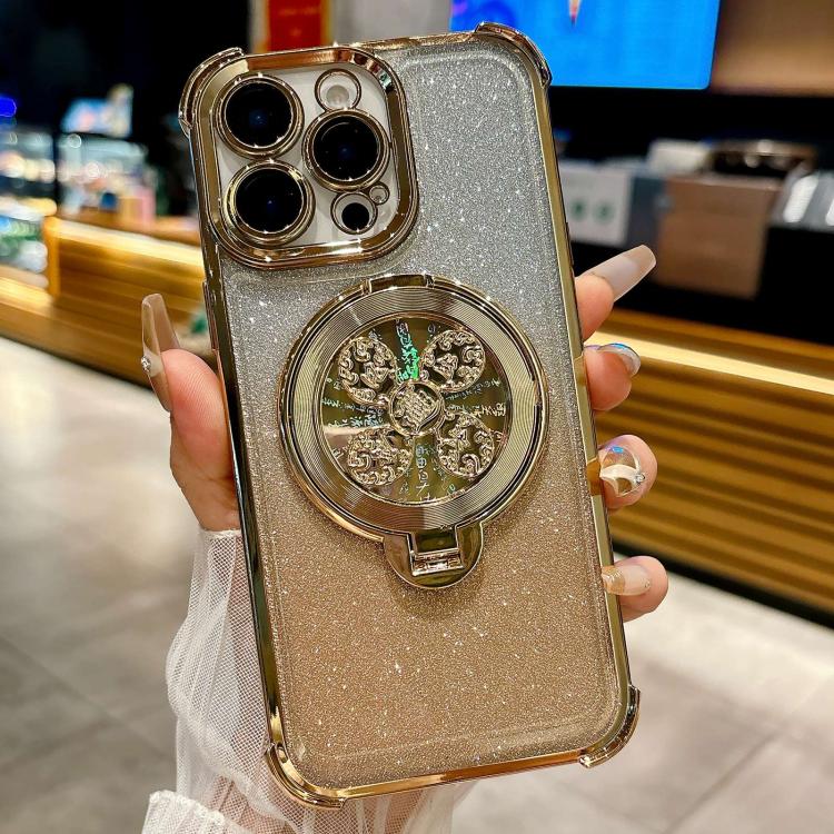 Funda con soporte giratorio para iPhone 12 Pro con purpurina degradada (dorada)