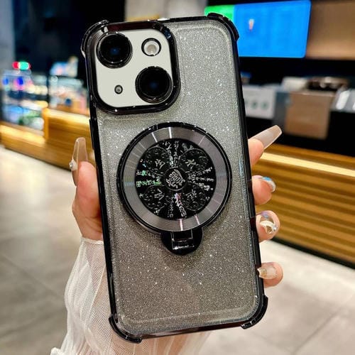 Funda con soporte giratorio con purpurina degradada para iPhone 14 (negra)