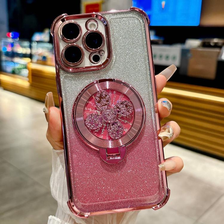Funda con soporte giratorio para iPhone 14 Pro Max con purpurina degradada (rosa)