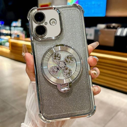 Funda con soporte giratorio para iPhone 16 con purpurina degradada (plateada)