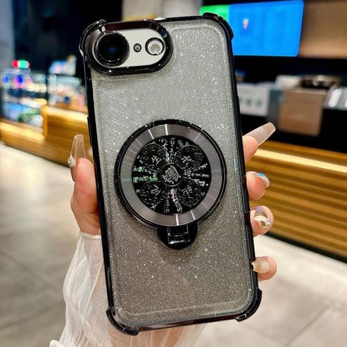 Funda con soporte giratorio para iPhone 16e con purpurina degradada (negra)