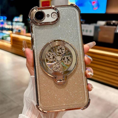Funda con soporte para peonza con purpurina degradada para iPhone 16e (dorado desierto)