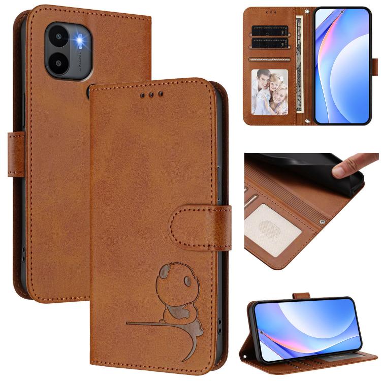Funda de cuero con relieve RFID y cordón para Redmi A1+ / A2+ / Poco C50 / C51 (marrón)