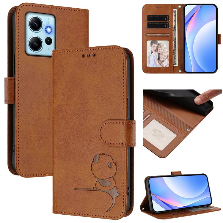 Funda de cuero con estampado RFID y cordón para Redmi Note 12 4G Global Litter Panda (marrón)