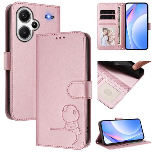 Funda de cuero RFID con estampado de panda y cordón para Redmi Note 13 Pro+ 5G (rosa)