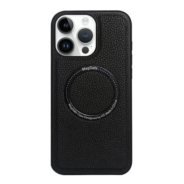 Funda trasera MagSafe de PU con textura de lichi para iPhone 15 Pro (negra)