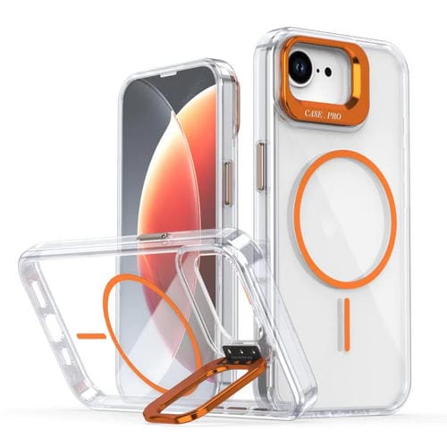 Funda para iPhone 16e con marco de lente MagSafe transparente y brillante (naranja)