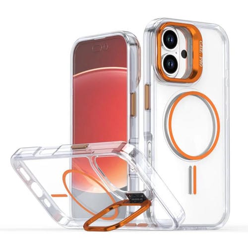 Funda para iPhone 16 Plus con marco de lente MagSafe transparente y brillante (naranja)